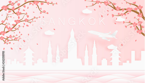 Panorama travel postcard, poster, tour advertising of world famous landmarks of Bangkok, spring season with blooming flowers in tree