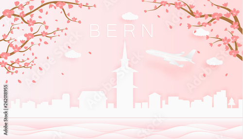 Panorama travel postcard, poster, tour advertising of world famous landmarks of Bern, spring season with blooming flowers in tree