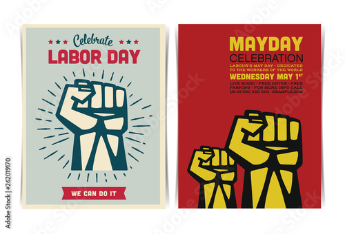Mayday celebration event poster template with clenched fists. Vector illustration.