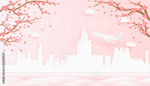 Panorama travel postcard, poster, tour advertising of world famous landmarks of Havana, spring season with blooming flowers in tree