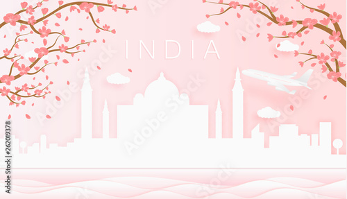 Panorama travel postcard, poster, tour advertising of world famous landmarks of India, spring season with blooming flowers in tree
