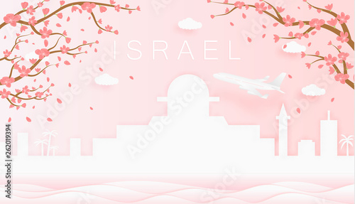 Panorama travel postcard, poster, tour advertising of world famous landmarks of Israel, spring season with blooming flowers in tree