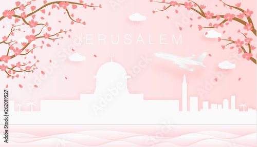 Panorama travel postcard, poster, tour advertising of world famous landmarks of Jerusalem, spring season with blooming flowers in tree