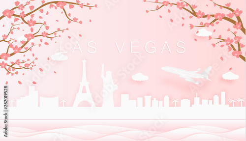 Panorama travel postcard, poster, tour advertising of world famous landmarks of Las Vegas, spring season with blooming flowers in tree