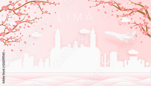 Panorama travel postcard, poster, tour advertising of world famous landmarks of Lima, spring season with blooming flowers in tree