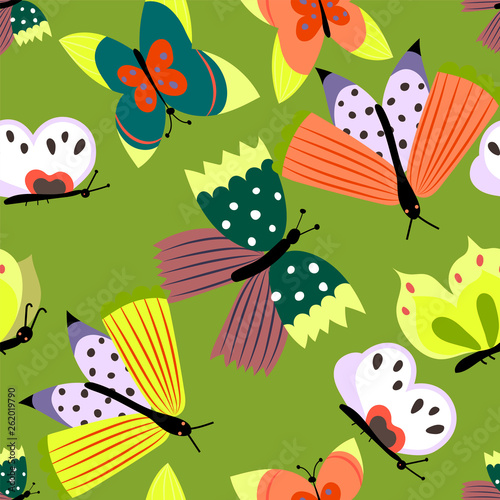 Seamless pattern with bright colorful butterflies. Summer repeat background for fabrics or wallpapers. Butterfly design.Scandinavian style.