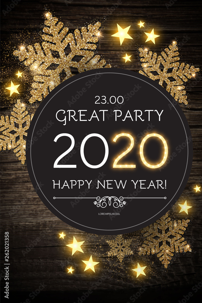 Fototapeta Hapy New 2020 Year Poster Template with Shining Snowflakes on Wood Texture.