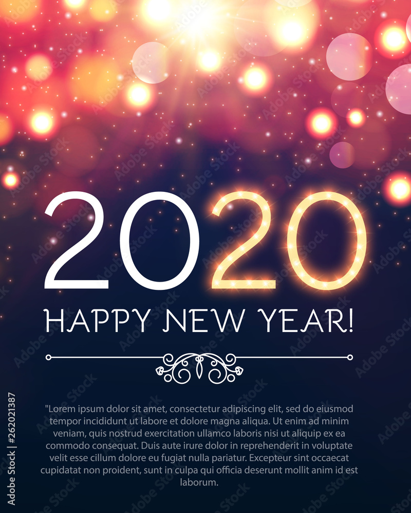 Happy New 2020 Year Party Poster Template with Bokeh Light Effects and Place for Text.