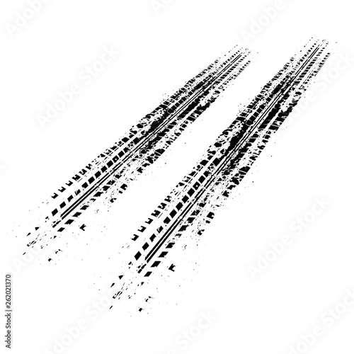 Black perspective grunge tire tracks isolated on white background