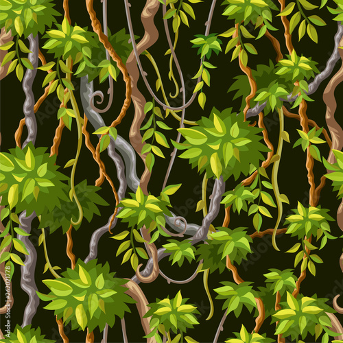 Liana branches and tropical leaves on dark background. Seamless pattern of plants jungle. Vector illustration.