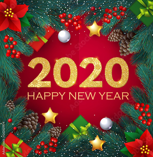 Happy New 2020 Year Realistic Christmas Composition with Fir Tree Branches, Glossy Toys, Cones, Poinsettia and Lights. © feaspb