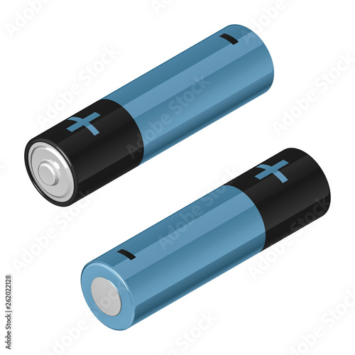 Two AA batteries, black and blue, in isometric view, isolated on white background
