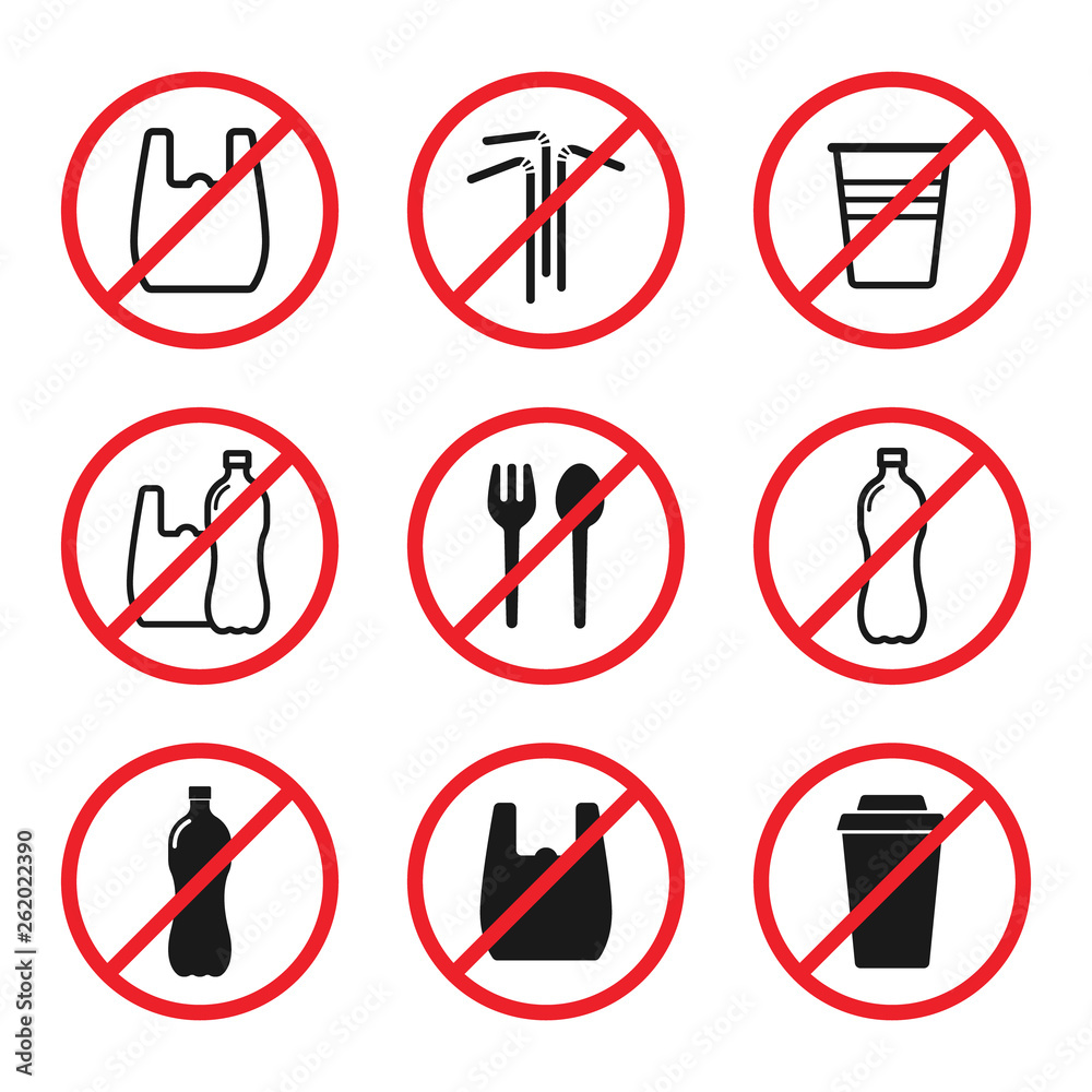 say no to plastic red prohibition sign. say no to plastic bag pollution. zero waste eco icons. save environment and ecology of earth. go green eco friendly environment concept. say no to plastic red prohibition sign. say no to plastic bag pollution. zero waste eco icons. save environment and ecology of earth. go green eco friendly environment concept.