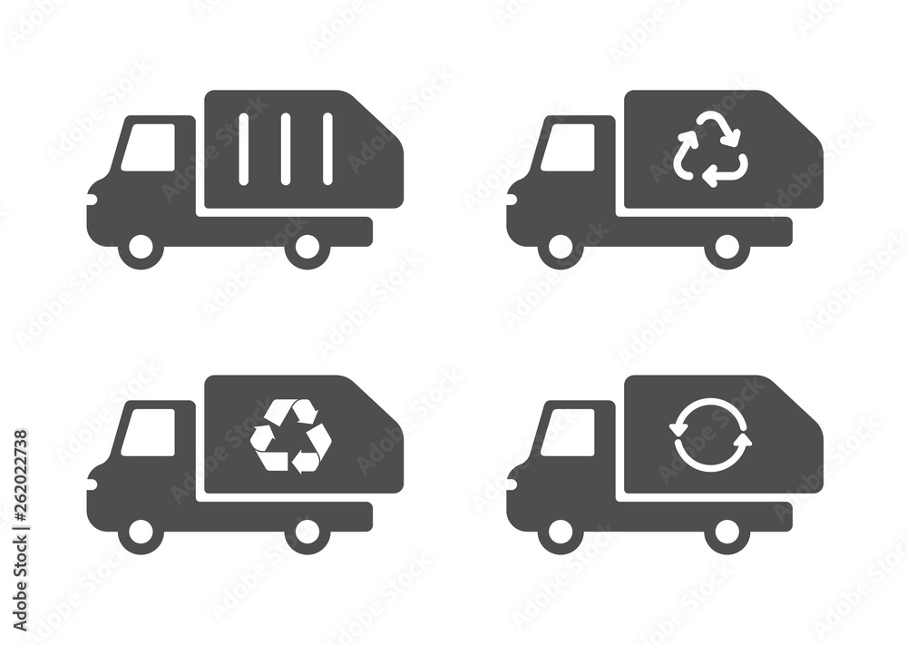 garbage trucks silhouette vector icon set isolated on white background. black icons of garbage trucks with recycle arrows sign garbage trucks silhouette vector icon set isolated on white background. black icons of garbage trucks with recycle arrows sign