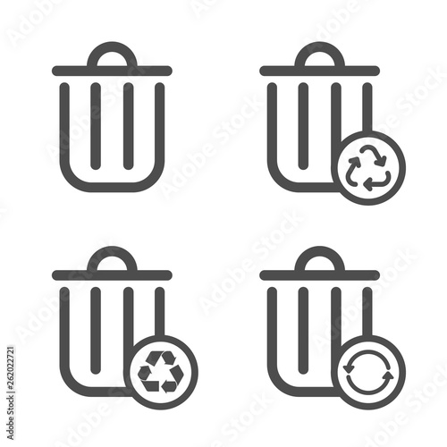 trash can outline vector icons isolated on white background. trash bin for garbage collection with recycle arrows sign