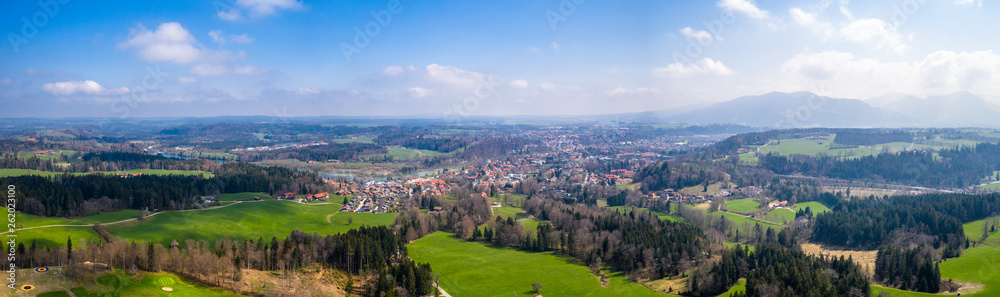aerial famous old town of bad toelz Apri. Mountains Isar river bavaria germany