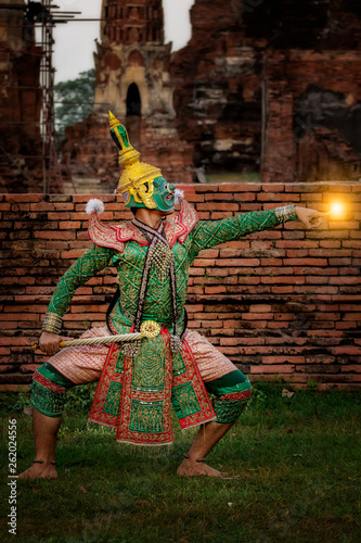 Khon performance Thai culture with the character of Hanuman Tosakan Mahathat,temple Ayutthaya