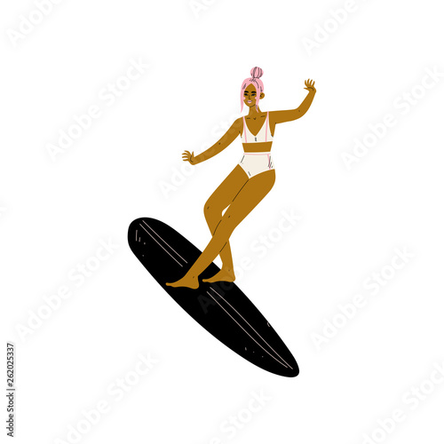Girl Surfer in White Swimsuit Riding Surfboard Catching Waves, Young Woman Enjoying Summer Vacation, Recreational Water Sport Vector Illustration