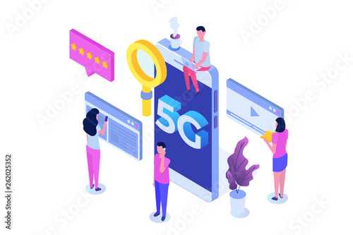 5G network wireless systems, High-speed mobile Internet isometric concept. Vector illustration