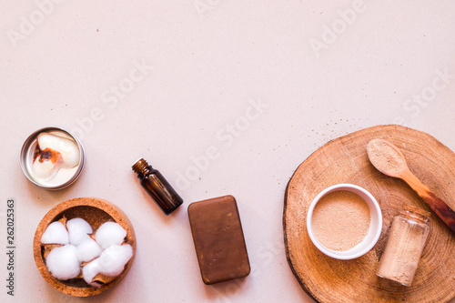 Zero waste natural cosmetics products on desk. Flat lay photo photo