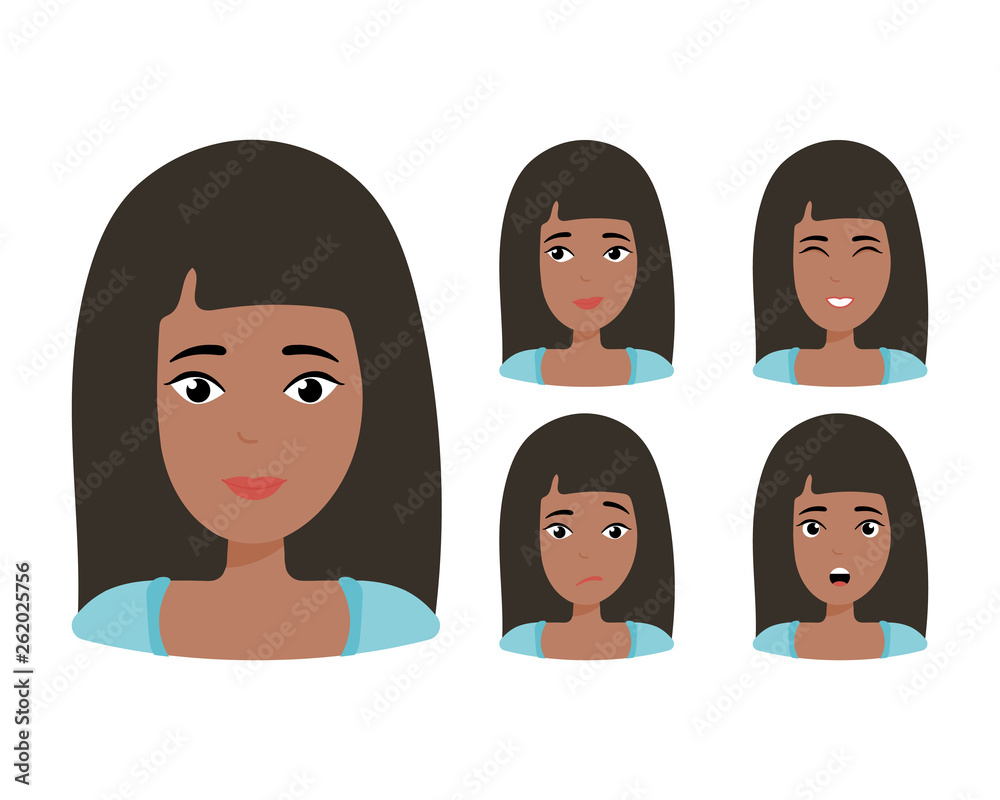 Female young character face set with different emotion. Brunette girl with happy, angry, unhappy, laughing, scared, wow, fun emotions. Vector Illustration Female young character face set with different emotion. Brunette girl with happy, angry, unhappy, laughing, scared, wow, fun emotions. Vector Illustration