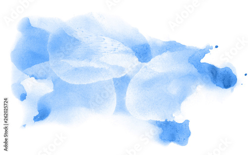 Abstract watercolor background hand-drawn on paper. Volumetric smoke elements. Blue color. For design, web, card, text, decoration, surfaces.