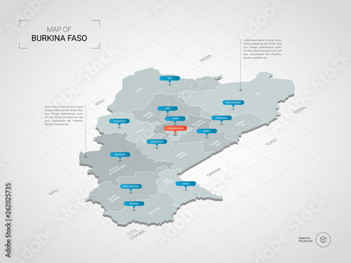 Isometric 3D Burkina Faso map. Stylized vector map illustration with cities, borders, capital, administrative divisions and pointer marks; gradient background with grid. 