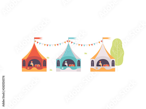 Street Vendor Booths with Food, Sweets and Desserts, Market Food Counters, Street Trading, Local Market Vector Illustration