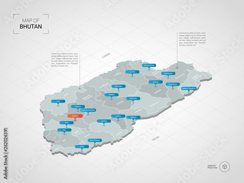 Isometric 3D Bhutan map. Stylized vector map illustration with cities, borders, capital, administrative divisions and pointer marks; gradient background with grid. 