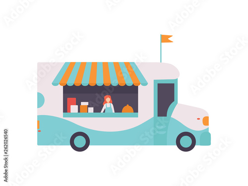 Van Shop with Fast Food, Drinks and Seller, Street Food Transport for Street Market Vector Illustration