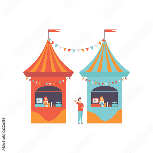 Street Vendor Booths with Fast Food, Market Food Counters, Retail Selling Kiosk, Local Market Vector Illustration