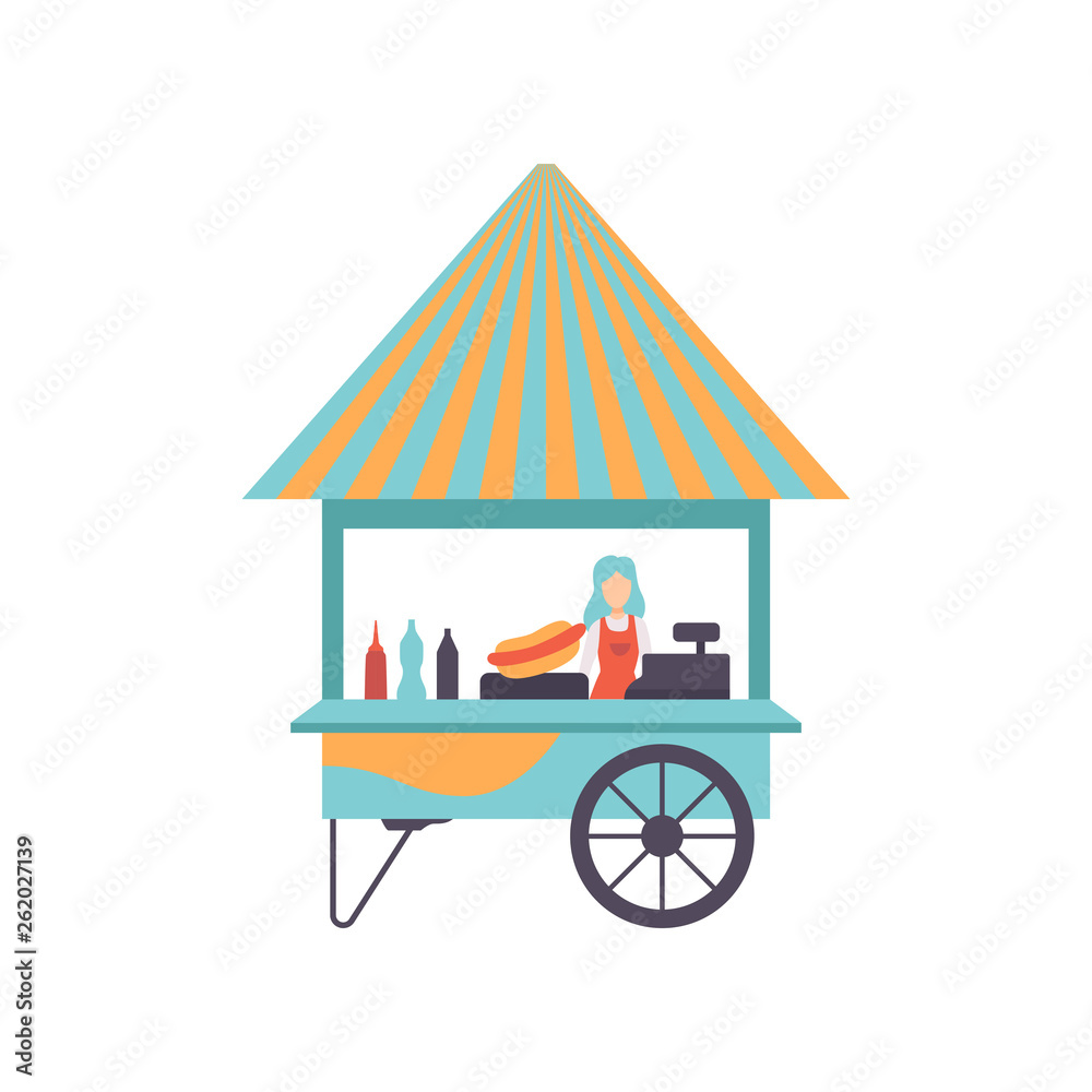 Hot Dog Cart with Seller, Street Food Cart, Mobile Shop Vector Illustration Hot Dog Cart with Seller, Street Food Cart, Mobile Shop Vector Illustration