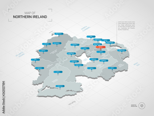 Isometric 3D Northern Ireland map. Stylized vector map illustration with cities, borders, capital, administrative divisions and pointer marks; gradient background with grid. 