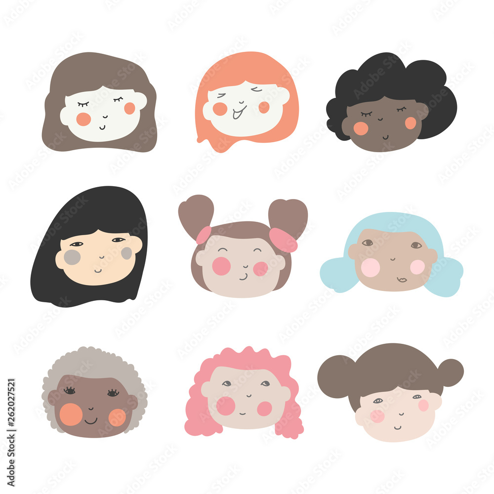 Cute doodle ilustrations of beautiful young girls with various hair style. Different ethnic nationality affiliation woman head face vector icons. Cute doodle ilustrations of beautiful young girls with various hair style. Different ethnic nationality affiliation woman head face vector icons.