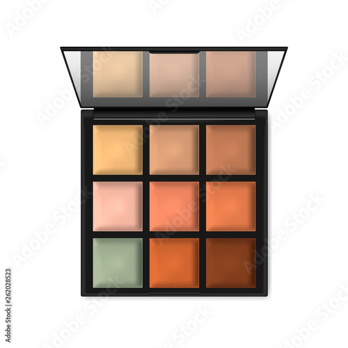 Make-up palette container isolated on white background, realistic illustration. Open compact makeup cosmetic case with mirror, vector template