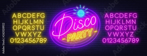 Neon lettering Disco party on brick wall background. Glowing fonts. Template for invitation, card or poster.