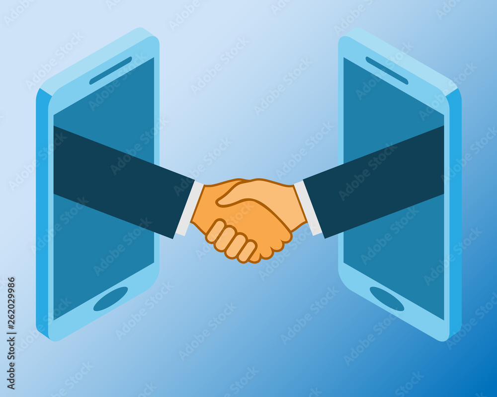 Business handshake, via phones, online conclusion of transaction. Strategy success, financein ideas. Business handshake, via phones, online conclusion of transaction. Strategy success, financein ideas.