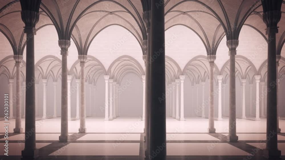 Gothic palace with an inner courtyard. luma matte for foreground. Loopable animation. Architectural background. 4K video.
