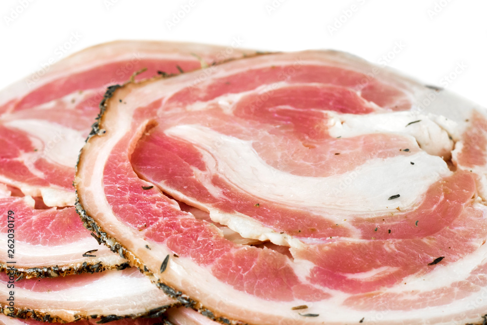 Tasty sliced pork bacon, meat, lard, jamon, prosciutto isolated on white background. Tasty sliced pork bacon, meat, lard, jamon, prosciutto isolated on white background.