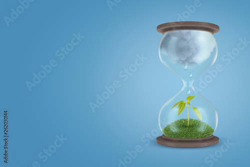 3d rendering of an hourglass with thick clouds in its upper half and a green sprout in the lower half on a light-blue background.