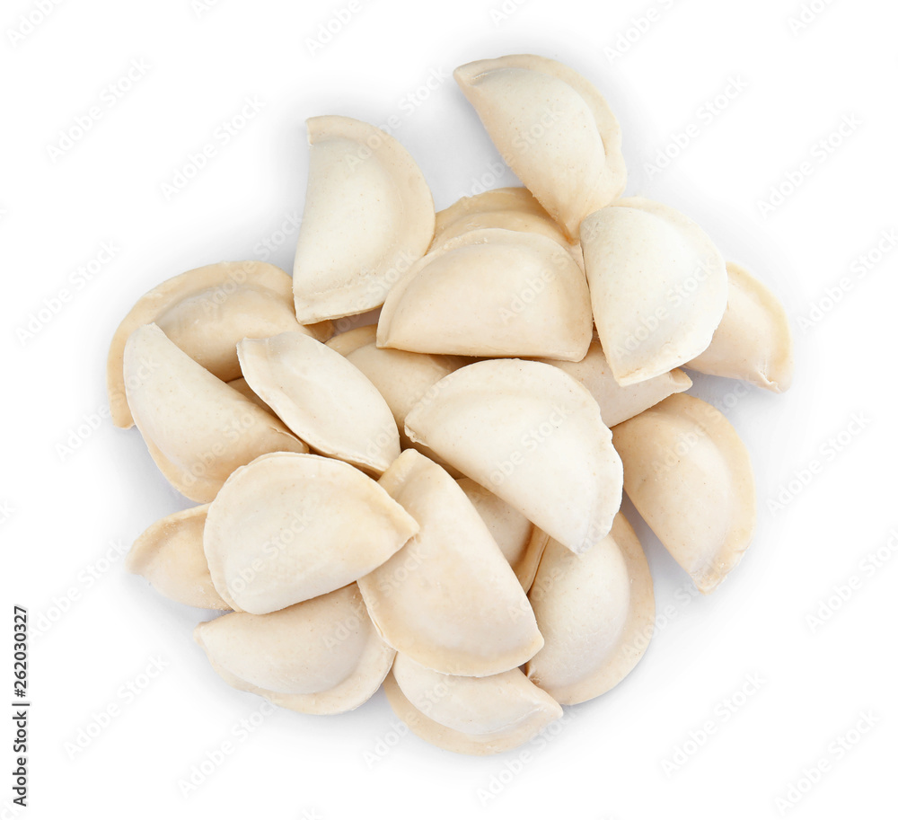 Raw dumplings on white background, top view. Home cooking Raw dumplings on white background, top view. Home cooking