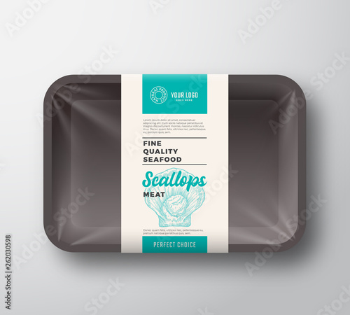 Premium Seafood Pack Abstract Vector Plastic Tray Container with Cellophane Cover Packaging Design Label. Modern Typography Hand Drawn Scallop Mollusc Silhouette with Colorful Elements Layout.