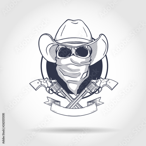 Sketch, skull with cowboy hat, revolver, headscarf face mask