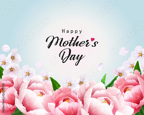 Happy Mother's day greeting card with peonies and cherry blossoms. Spring holiday background illustration for greeting card, banner, ad, promotion, poster, flyer, blog, article, social media