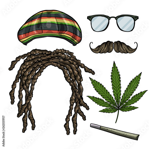 Hand drawn sketch, color attributes of rastaman with dreadlocks