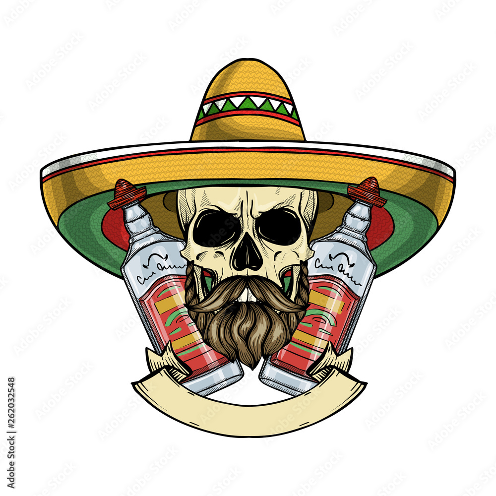 Fotografía Hand drawn sketch, color skull with sombrero, beard and  mustaches and tequila bo | Posters.es