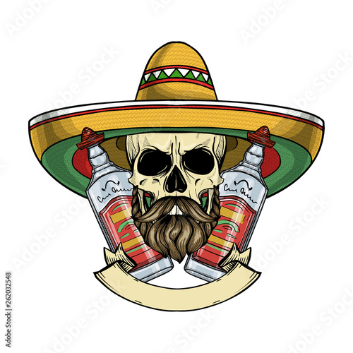 Canvas Print Hand drawn sketch, color skull with sombrero, beard and mustaches and tequila bo