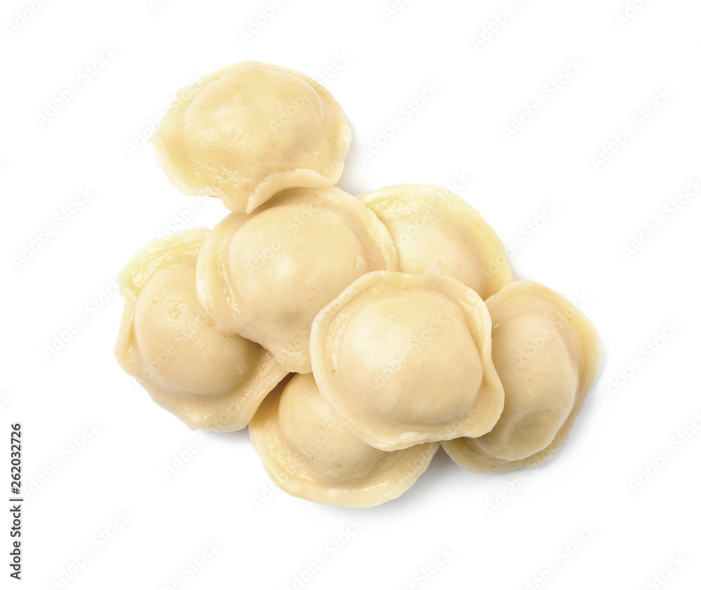 Boiled dumplings on white background, top view Boiled dumplings on white background, top view