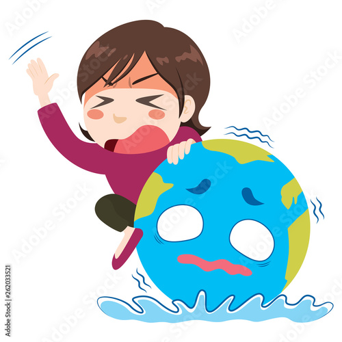 Woman in panic crying for help on sinking earth globe global warming environmental crisis concept