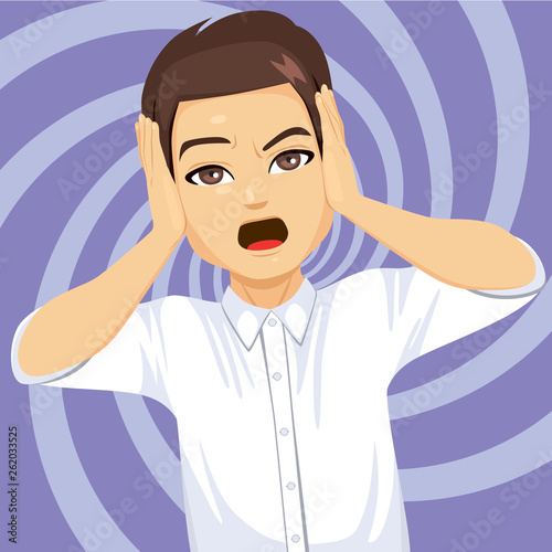 Overwhelmed frustrated man with hands on head on hypnotic spiral background